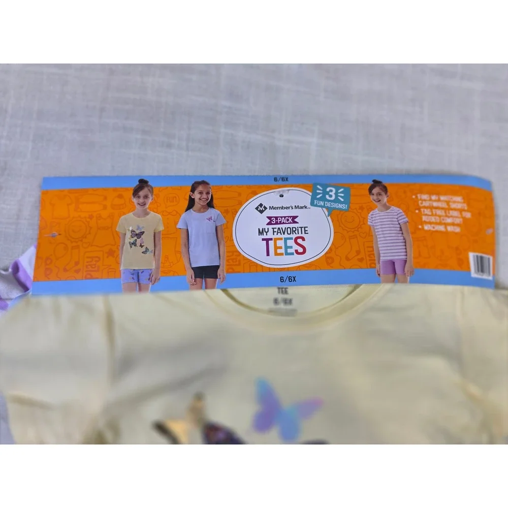 Members Mark Girls 3 Pack My Favorite Tees Butterfly Striped Shirts Size 6 6X